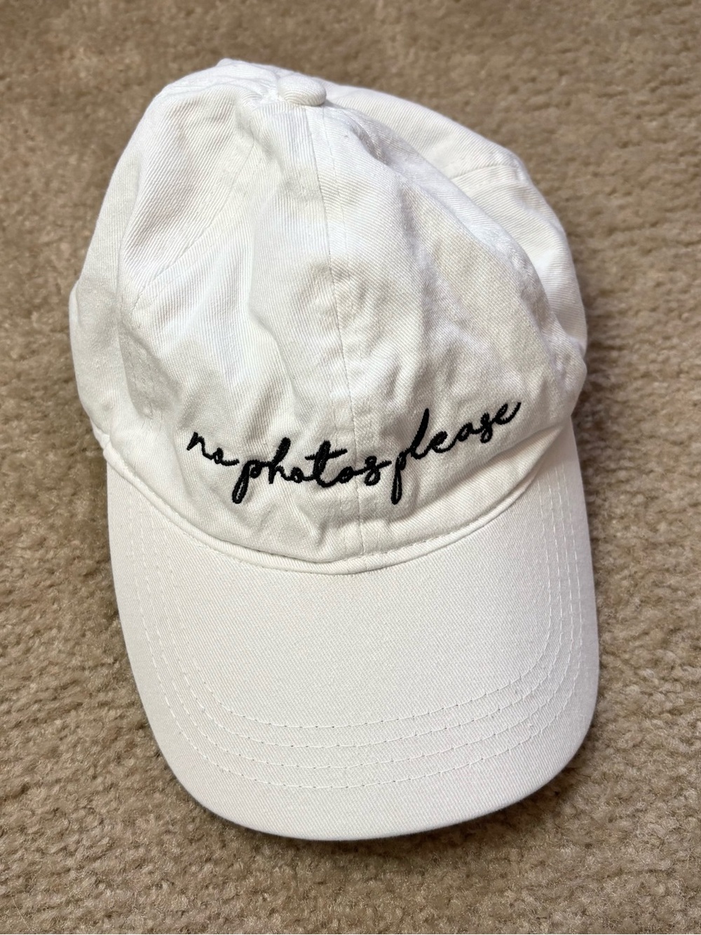 White Embroidered 'no photos please' Cotton Baseball Cap